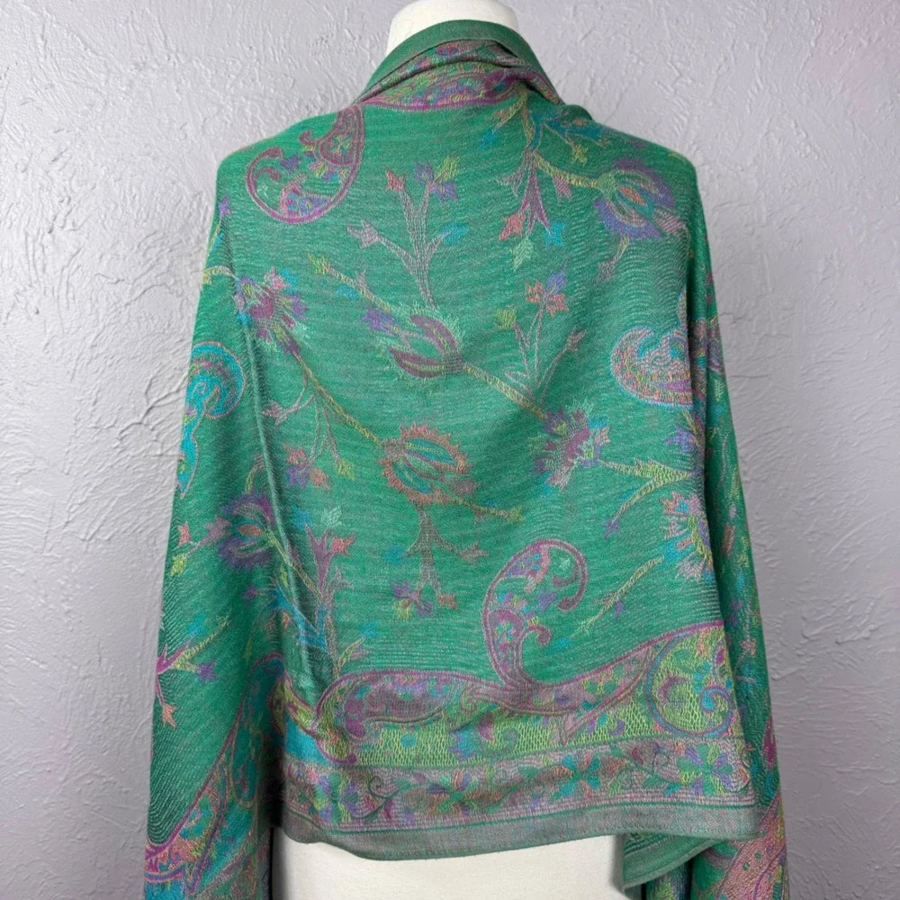 Teal green and purple paisley Pashmina fringe scarf Bohemian Shawl Wrap